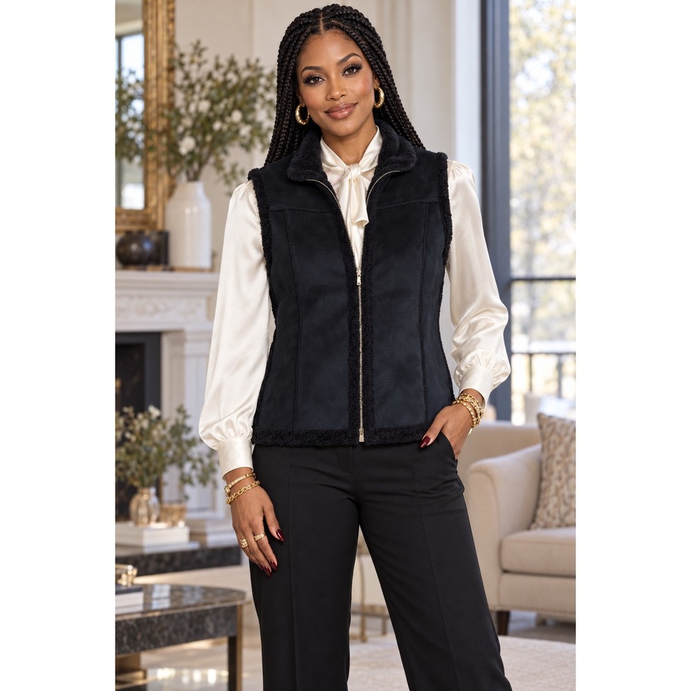 Liz Claiborne Petite M Black Faux Suede Shearling Trim Full Zip Vest